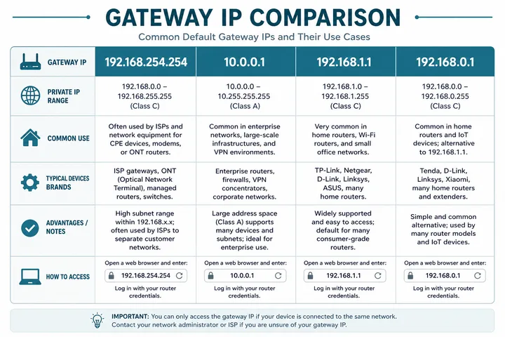 192.168.254.254 vs Other Gateways 192.168.254.254 compared with 10.0.0.1 192.168.1.1 192.168.0.1