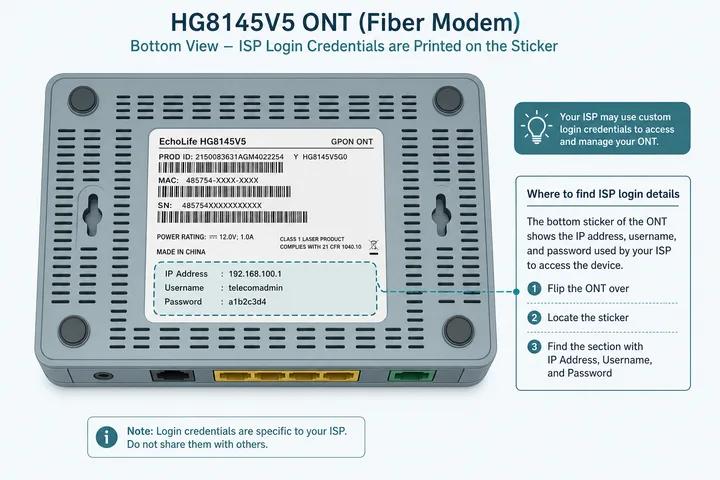 Huawei HG8145V5 ONT sticker and ISP-specific login credentials