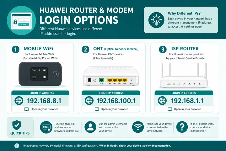 Huawei router and modem login gateway choices for Mobile WiFi CPE and ONT