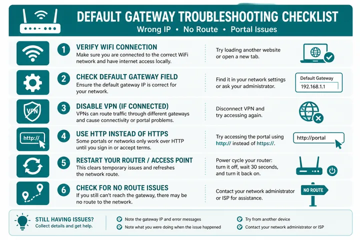Default gateway troubleshooting for wrong IP no route and portal issues