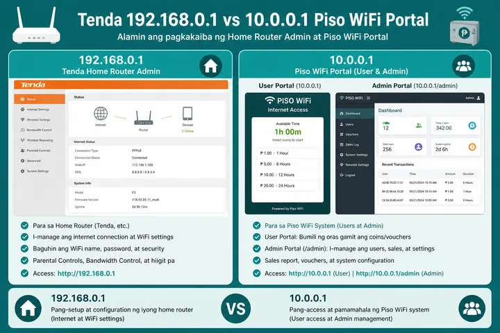 Tenda 192.168.0.1 login compared with 10.0.0.1 Piso WiFi portal